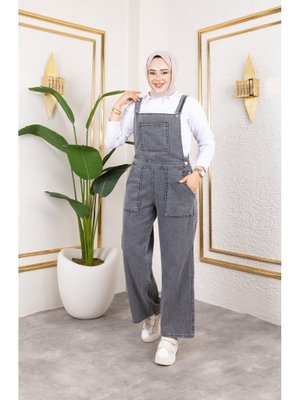 Cep Detaylı Askılı Gri Kot Tulum Cep Detaylı Askılı Gri Kot Tulum