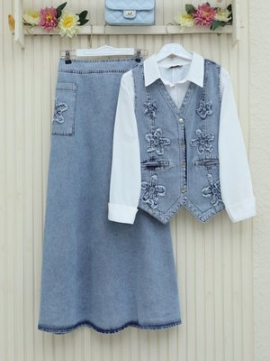 Buz Mavi Desenli Beli Lastikli Yelek Etek Kot Takım