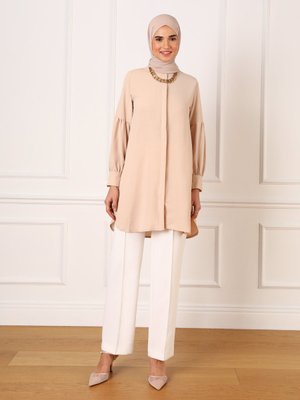 Gizli Düğmeli Balon Kol Aerobin Tunik Açık Bej