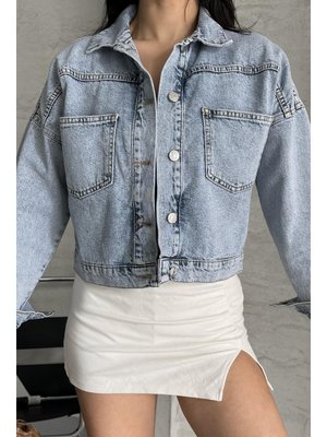 Buz Mavi Çift Cepli Demin Crop Ceket