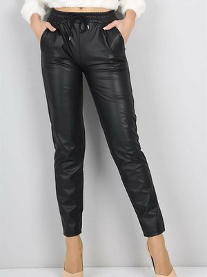 Siyah Içi Polarlı Şardonlu Beli Lastikli Dar Paça Yüksek Bel Kışlık Deri Pantolon