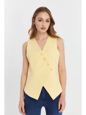 Sarı Regular V Yaka Düğmeli Yelek