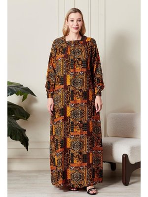 Turuncu Büyük Beden Osmnalı Etnik Desen Elbise Turuncu Büyük Beden Osmnalı Etnik Desen Elbise