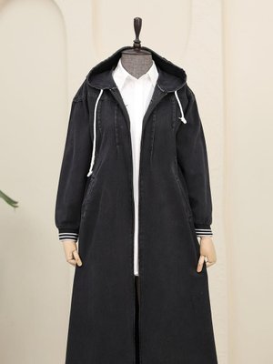 Siyah Önü Pliseli Yanı Lastikli Kapüşonlu Kot Kap