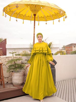 Hardal Çift Fırfırlı Salaş Elbise