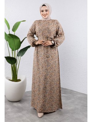 Vizon Renkli Çiçekli Viskon Elbise