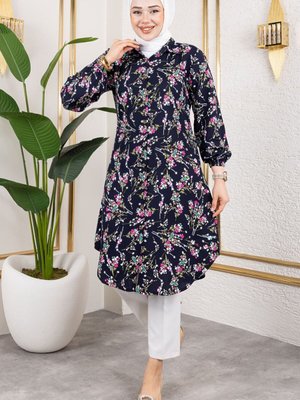 Lacivert Asel Çiçekli Viskon Tunik