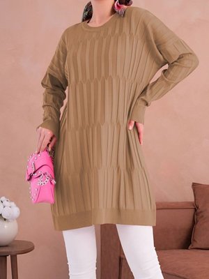 Vizon Yuvarlak Yaka Kalın Çizgili Salaş Triko Tunik