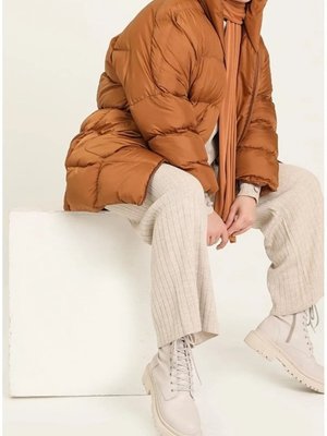 Kahverengi Oversize Şişme Uzun Kalın Su Geçirmez Mont