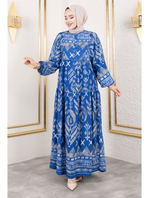 Mavi Patlı Yarım Düğmeli Viskon Elbise