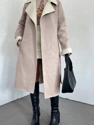 Vizon İçi Kürklü Kemerli Süet Kaban Vizon İçi Kürklü Kemerli Süet Kaban