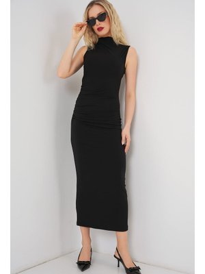 Siyah Büzgülü Sıfır Kol Drapeli Elbise Siyah Büzgülü Sıfır Kol Drapeli Elbise