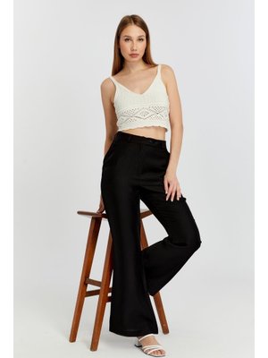 Siyah Keten İspanyol Paça Dokuma Pantolon