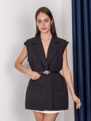 Siyah Kemerli Şal Yaka Blazer Yelek