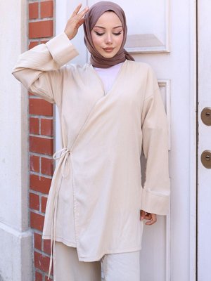 Bej Bağlama Detaylı Kimono İkili Takım