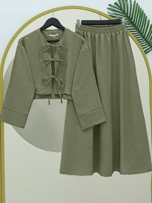 Haki Önü Bağcıklı Beli Lastikli Etekli Keten Takım