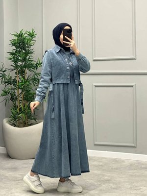 Mavi Yanları Bağlamalı Yelekli Kot Elbise