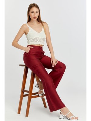 Bordo Keten İspanyol Paça Dokuma Pantolon