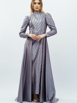 Gri Taş Detaylı Saten Abiye Elbise Gri Taş Detaylı Saten Abiye Elbise