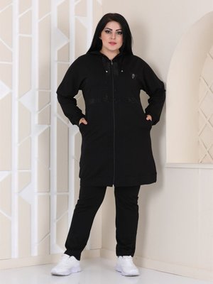Siyah Taş Detaylı Fermuarlı Kapüşonlu Battal Eşofman Takım