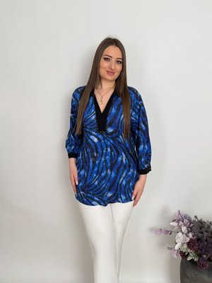 Büyük Beden Gömlek Yaka Ve Taş İşleme Detaylı Bluz Saks