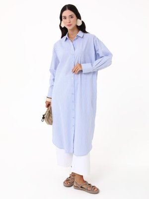 Pamuklu Poplin Oversize Gömlek Tunik Lacivert Çizgili Pamuklu Poplin Oversize Gömlek Tunik Lacivert Çizgili
