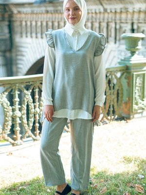 Gri Fırfırlı Üçlü Keten İkili Takım