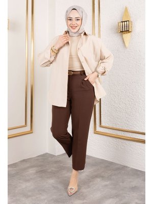 Kahverengi Kemerli Yüksek Bel Havuç Pantolon Kahverengi Kemerli Yüksek Bel Havuç Pantolon