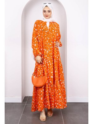 Orange Yarım Düğmeli Eteği Katlı Elbise Orange Yarım Düğmeli Eteği Katlı Elbise