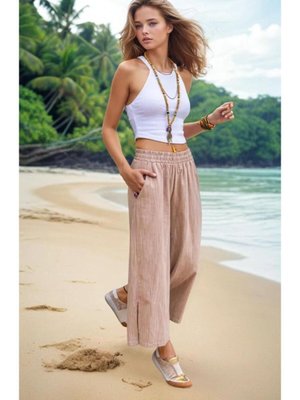 Camel Keten Beli Lastikli Cepli Paçası Yırtmaçlı Salaş Kapri Bermuda Pantolon Camel Keten Beli Lastikli Cepli Paçası Yırtmaçlı Salaş Kapri Bermuda Pantolon