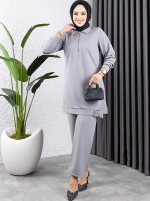 Gri Yarım Fermuarlı Spor İkili Takım