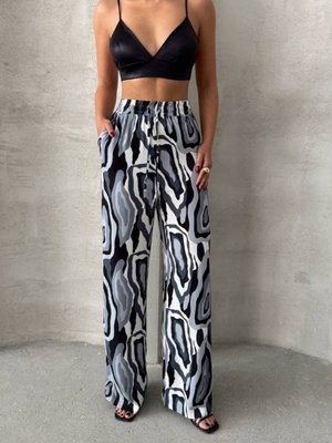 Gri Desenli Bol Paça Viskon Pantolon