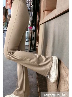 Bej Yüksek Bel Toparlayıcı Mevsimlik Fitilli Kumaş Ispanyol Paça Tayt Pantolon