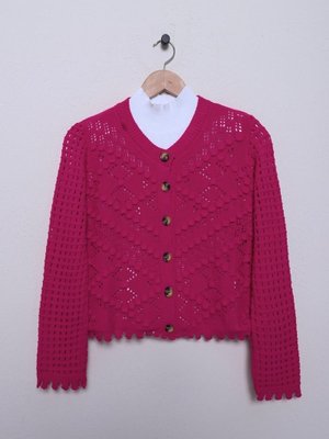 Fuşya Ajurlu Kabartmalı Kemik Düğmeli Triko Hırka