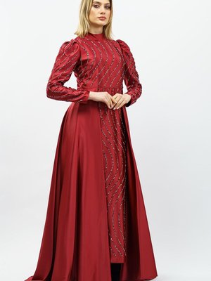 Bordo Taş Detaylı Saten Abiye Elbise Bordo Taş Detaylı Saten Abiye Elbise