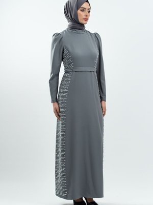 Gri Taş Detaylı Abiye Elbise Gri Taş Detaylı Abiye Elbise