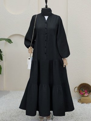 Siyah Yarım Düğmeli Parçalı Müslin Elbise Siyah Yarım Düğmeli Parçalı Müslin Elbise