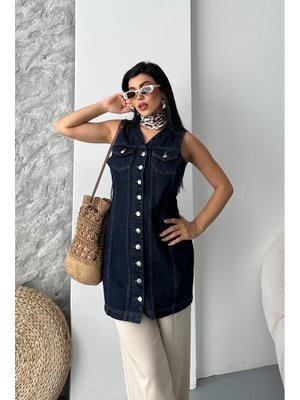 Tunik Uzun Düğmeli İki Cepli Kot Yelek Koyu Mavi̇