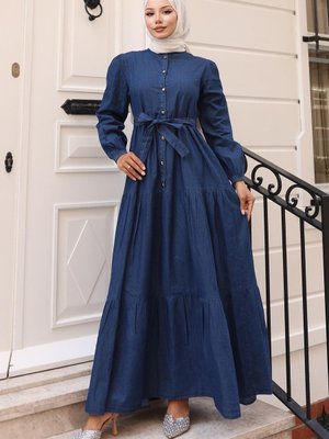 Koyu Mavi Düğmeli Kat Kot Elbise