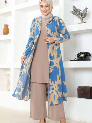 İndigo Desenli Üçlü Takım