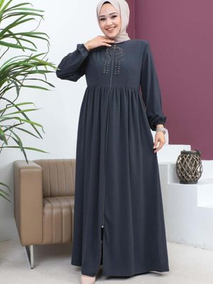 Gri Boncuklu İşlemeli Ferace