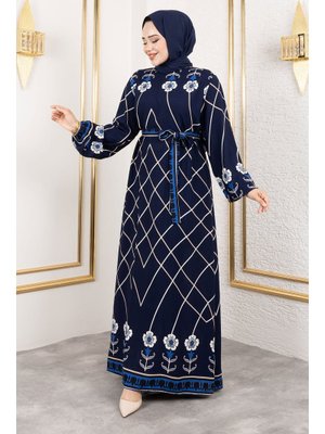 Lacivert Baklava Desenli Çiçekli Viskon Elbise