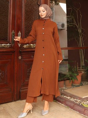 Kahverengi Yaka Detaylı Uzun İkili Takım