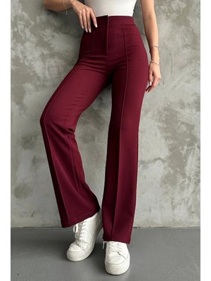 Bordo Yüksel Bel İspanyol Paça Palazzo Pantolon