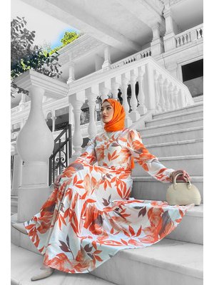 Turuncu Rüya Desenli Elbise
