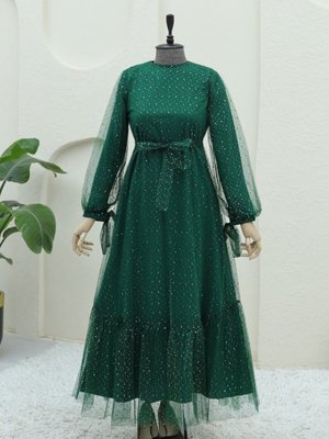 Zümrüt Serpme Pul Detaylı Kolu Bağcıklı Tül Abiye Elbise