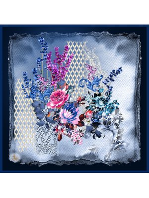 Çiçekli Desen Black Seri Twill Eşarp Askısı İle Birlikte 90x90 Cm Lacivert Mavi