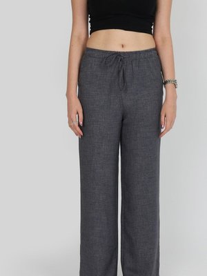 Gri Keten Bağcıklı Pantolon