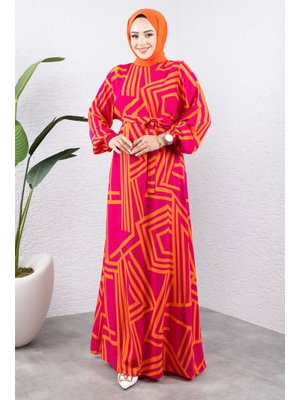 Turuncu Çizgi Desenli Viskon Elbise