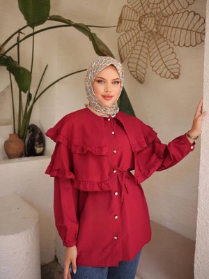 Bordo Çift Pelerinli Beli Bağlamalı Tunik Bordo Çift Pelerinli Beli Bağlamalı Tunik